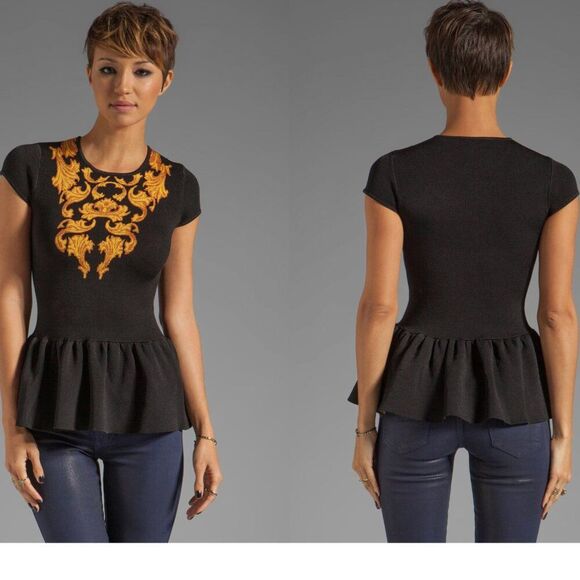 Torn by Ronny Kobo Tops - NWT Torn Ronny Kobo XS Baroque Vivienne Peplum Sweater Top Coquette Goth Black